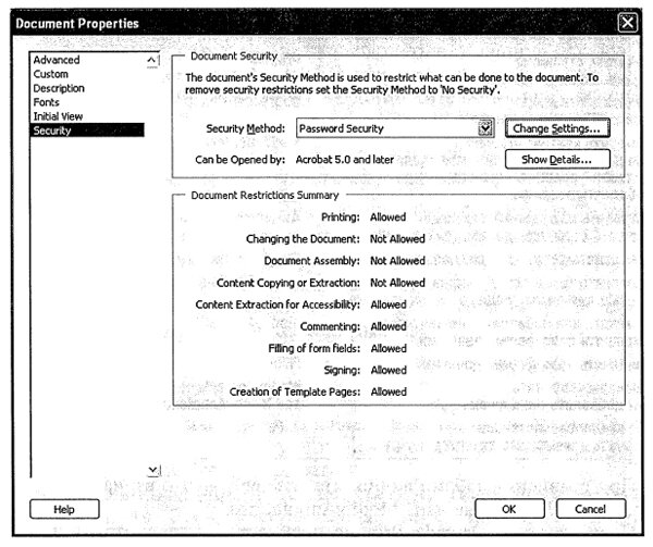 Свойства стандартной защиты PDF-документа, определяющие права пользователя